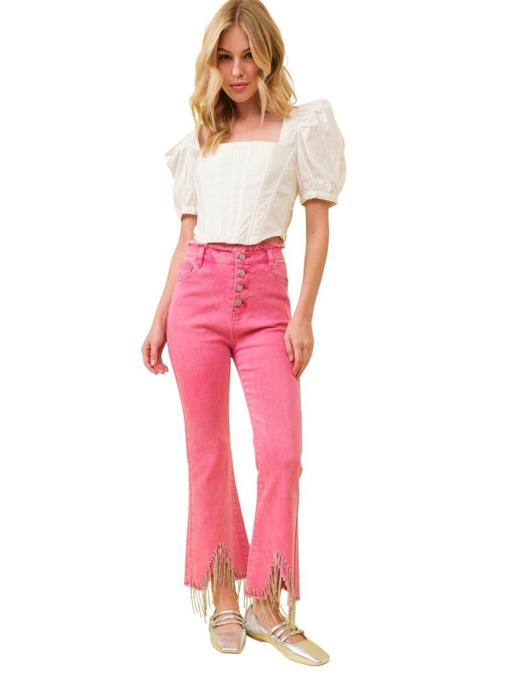 NEW blue b Washed Hot Pink Rhinestone Fringe High Waist Stretchy Denim Jeans